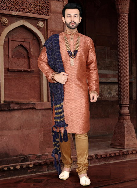 Dark Peach Colour Outluk Vol 36 Traditional Jaqcuard Silk With Self Work Party Wear Kurta Pajama Mens Collection 36004